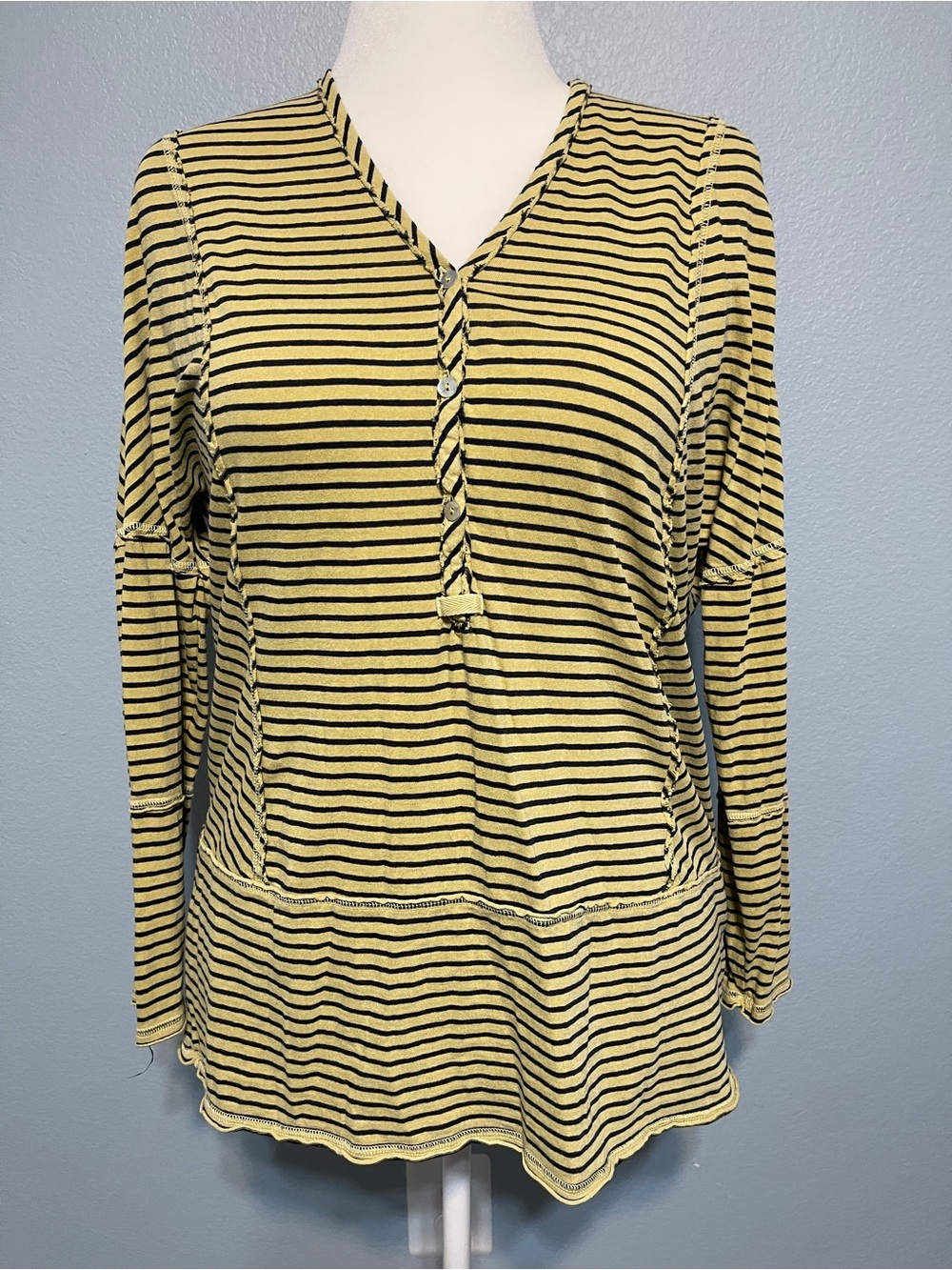 Sundance Yellow V Neck Stripe Long Sleeve Henley Top Raw Edges Oversized Small